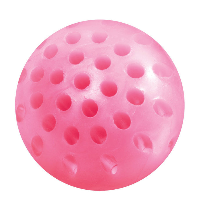 The YAY! Sticky Wall Balls by YAY! are pink plastic balls with evenly spaced round holes, designed for repeated fun and can stick to walls. Photographed against a white background.