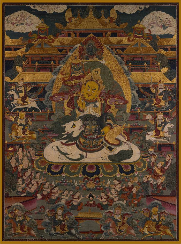 Yellow Jambhala - 13th Century Old Version - Tibetan thangka painting, front view