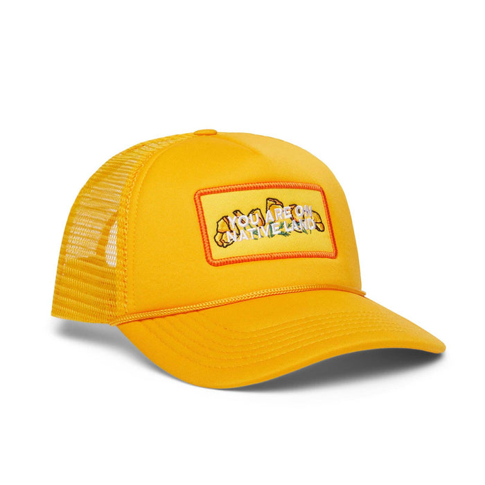 'YOU ARE ON NATIVE LAND' TRUCKER - MARIGOLD POPPY